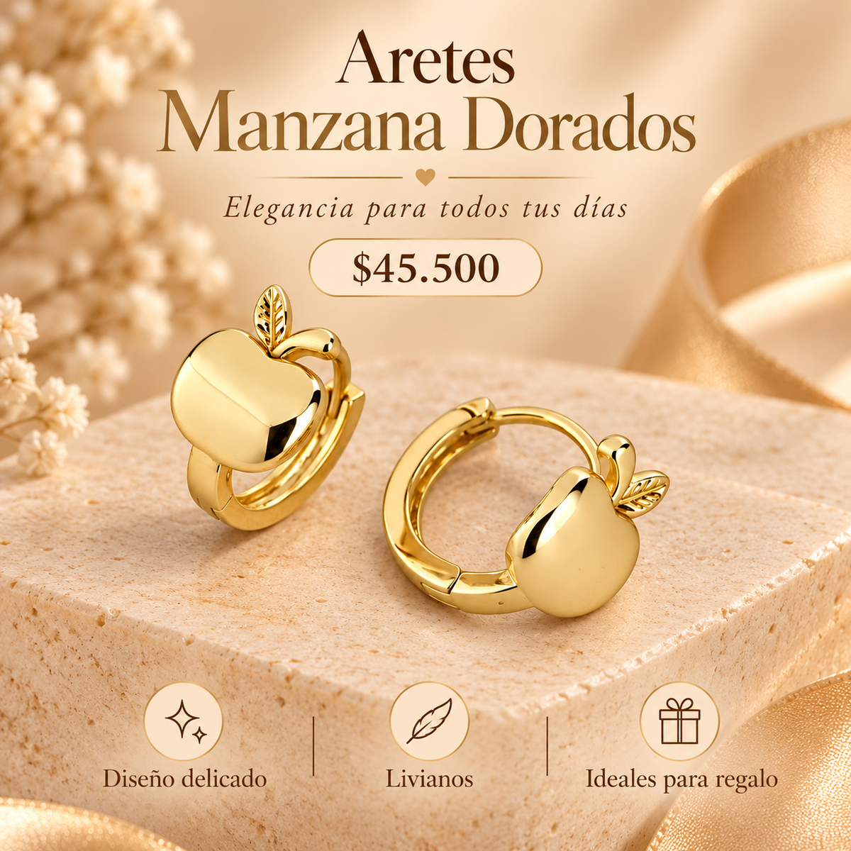 Aretes Manzana Dorados – Pequeños, Elegantes y Encantadores