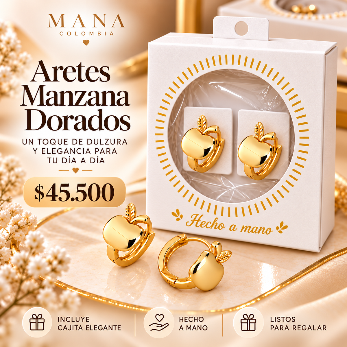 Aretes Manzana Dorados – Pequeños, Elegantes y Encantadores