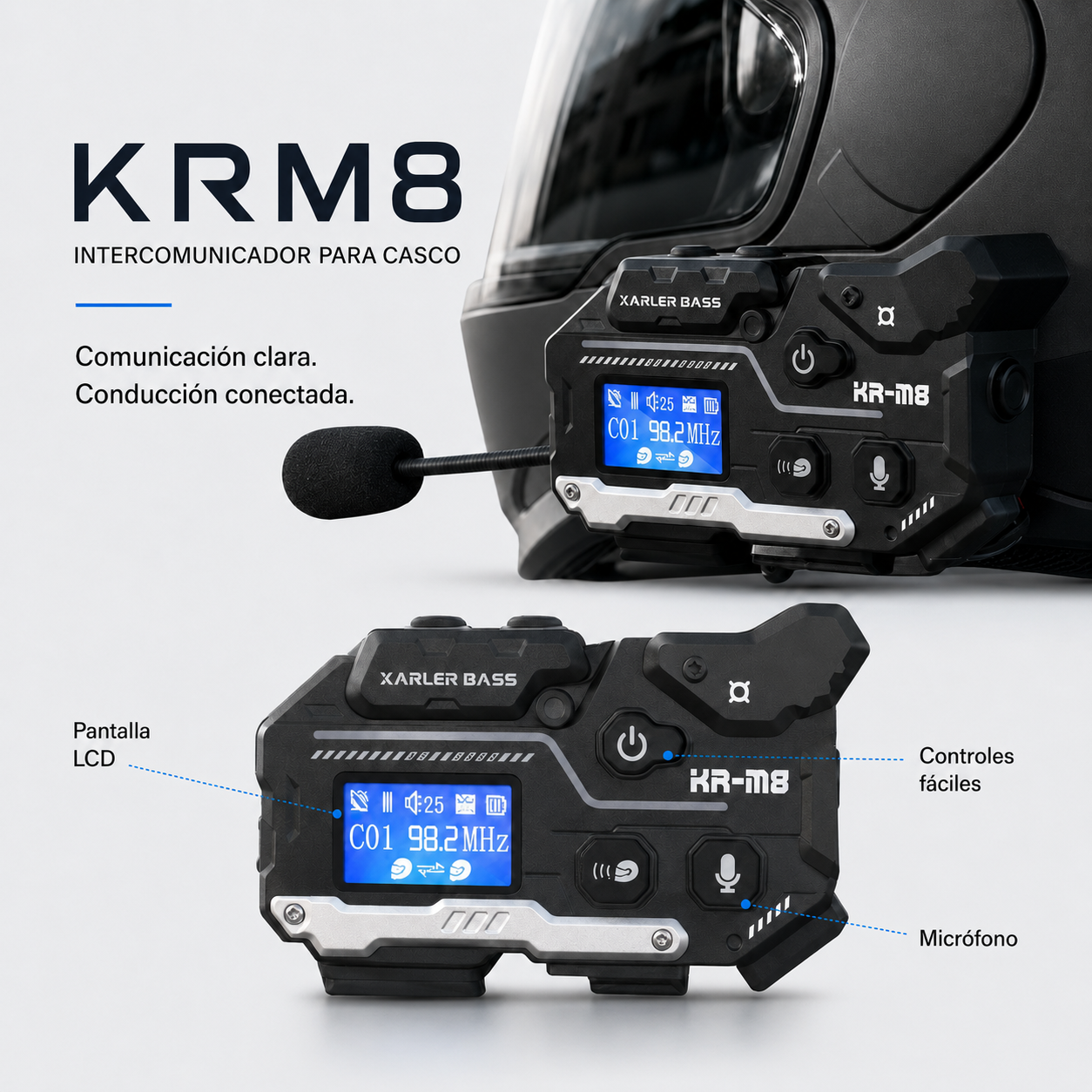 Intercomunicador KRM8 para Casco de Moto con Bluetooth y Pantalla LCD