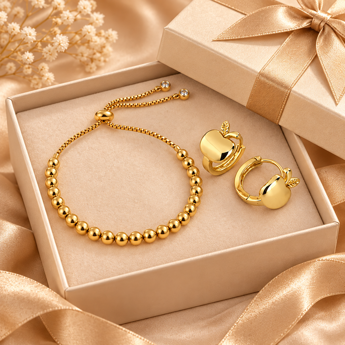 Combo Dorado – Aretes Manzana + Pulsera Balines
