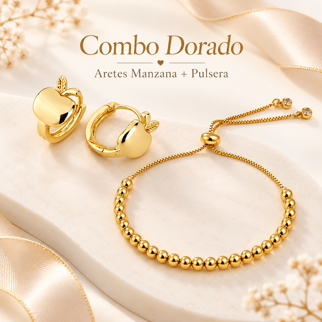 Combo Dorado – Aretes Manzana + Pulsera Balines