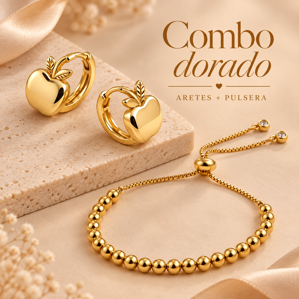 Combo Dorado – Aretes Manzana + Pulsera Balines
