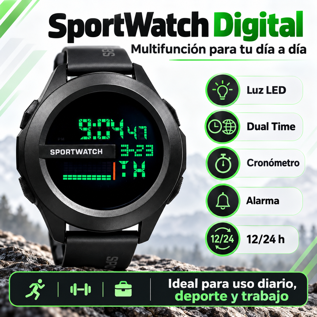 SportWatch Dual Time LED – Reloj Deportivo Digital
