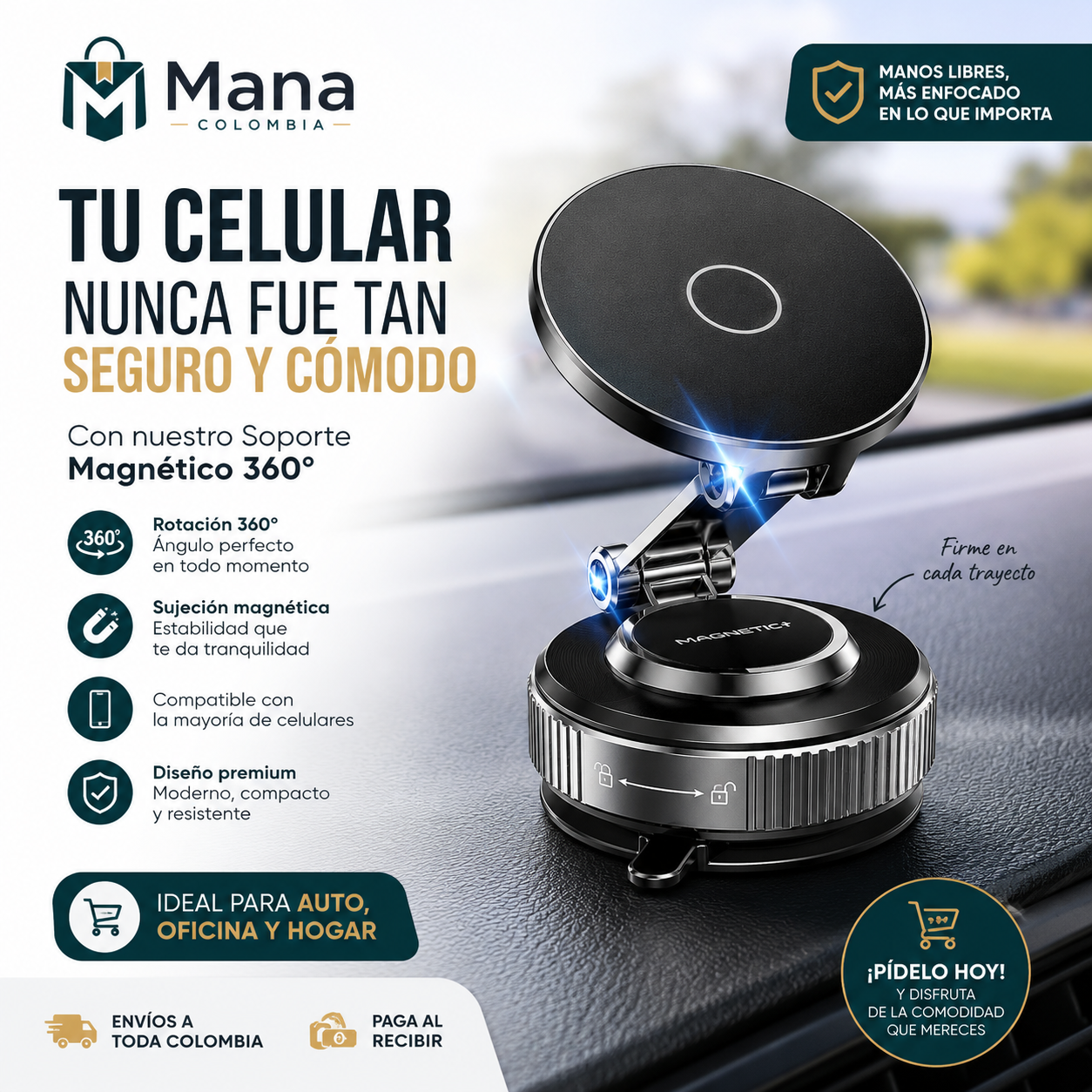 Soporte Magnético 360° para Celular – Multiusos para Auto, Oficina y Hogar