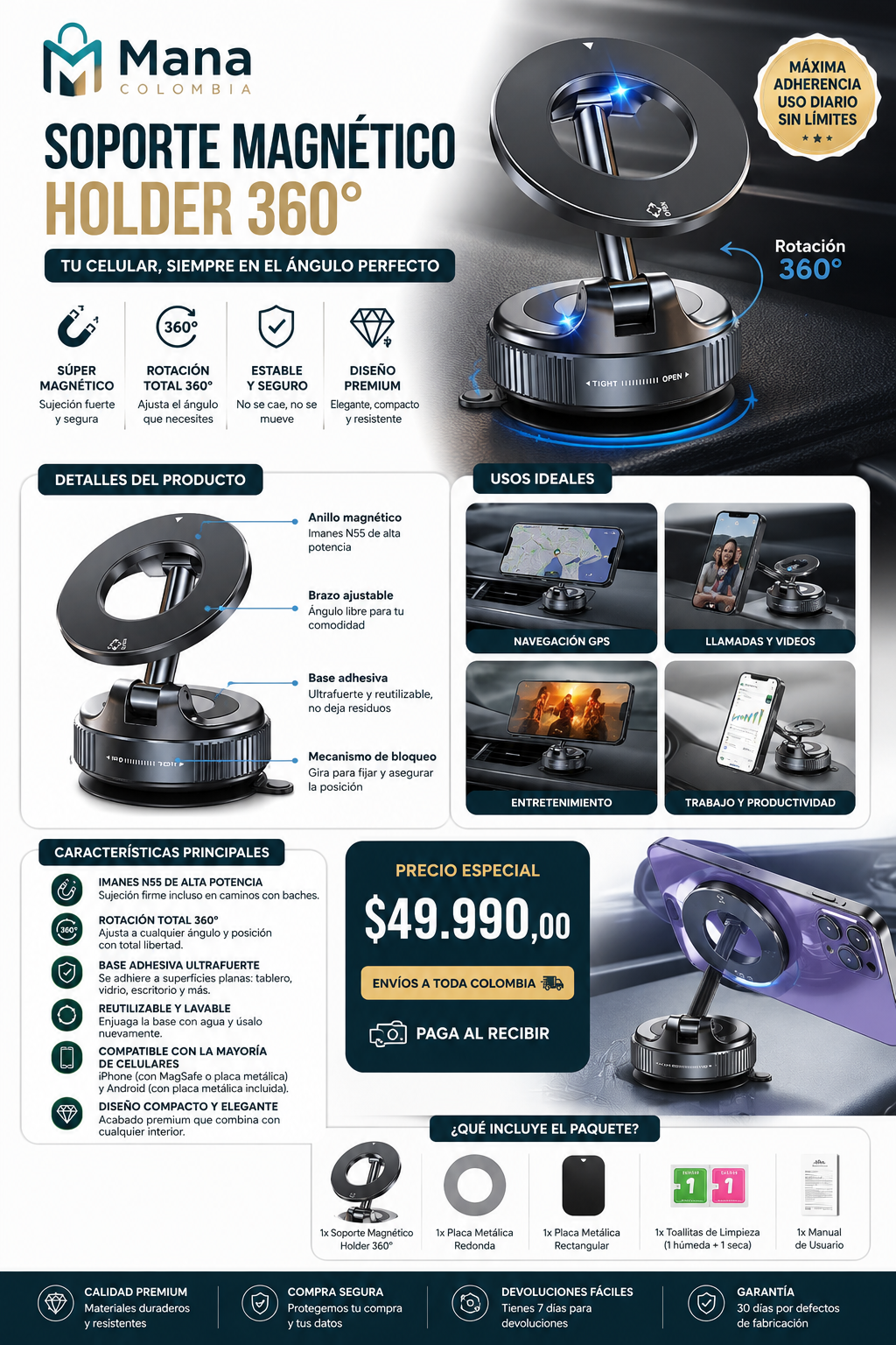 Soporte Magnético 360° para Celular – Multiusos para Auto, Oficina y Hogar