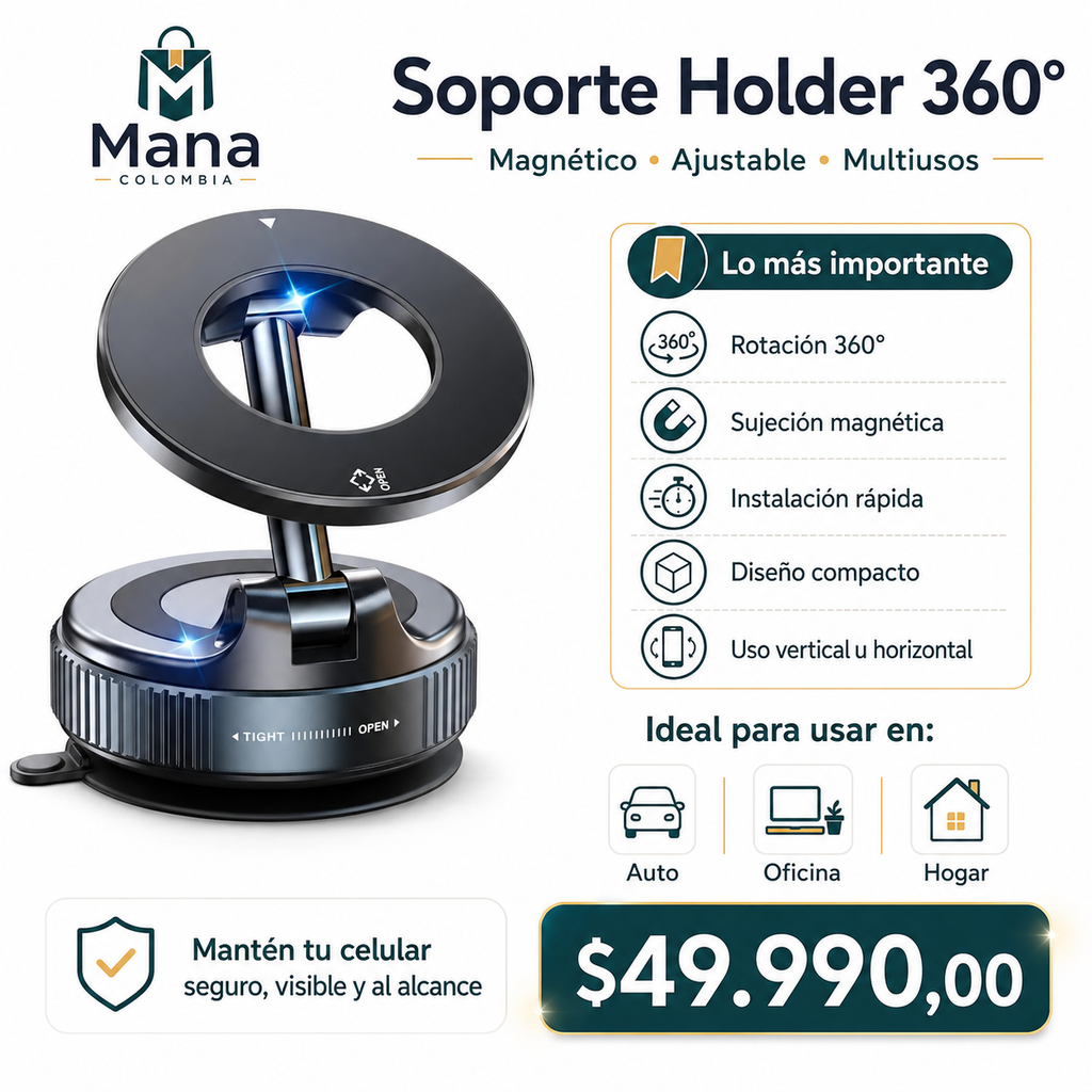 Soporte Magnético 360° para Celular – Multiusos para Auto, Oficina y Hogar