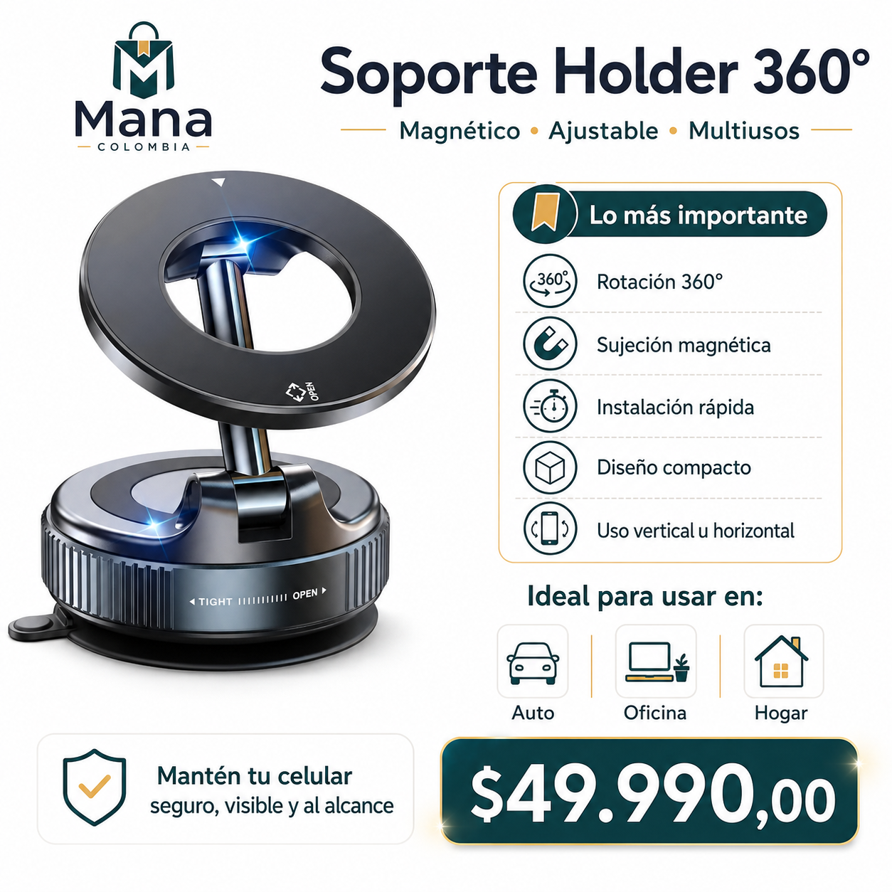 Soporte Magnético 360° para Celular – Multiusos para Auto, Oficina y Hogar